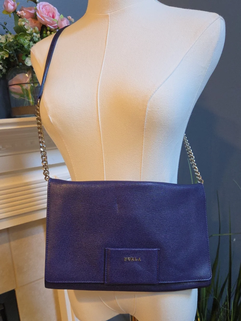 Furla Deep Blue Leather Chain-Trim Removeable Shoulder Bag